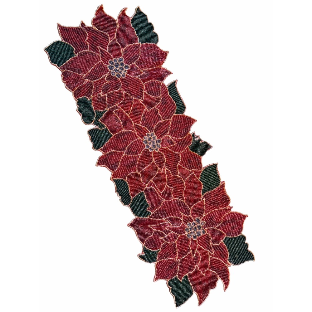 Holiday Poinsettia Beaded Table Runner Red Green Gold 13x36 Christmas Decor
